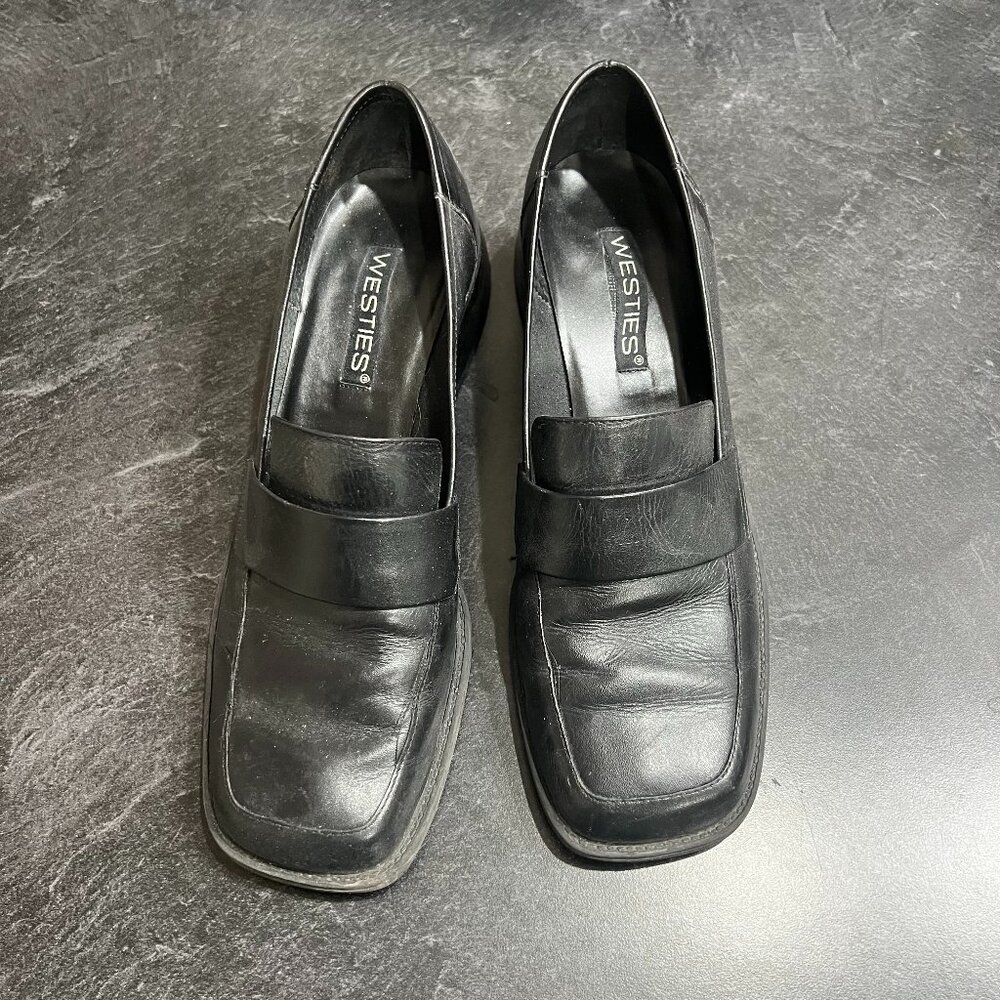 Westies Wm 9 Black Square Toe Chunky Stack Heel Y2K Loafer